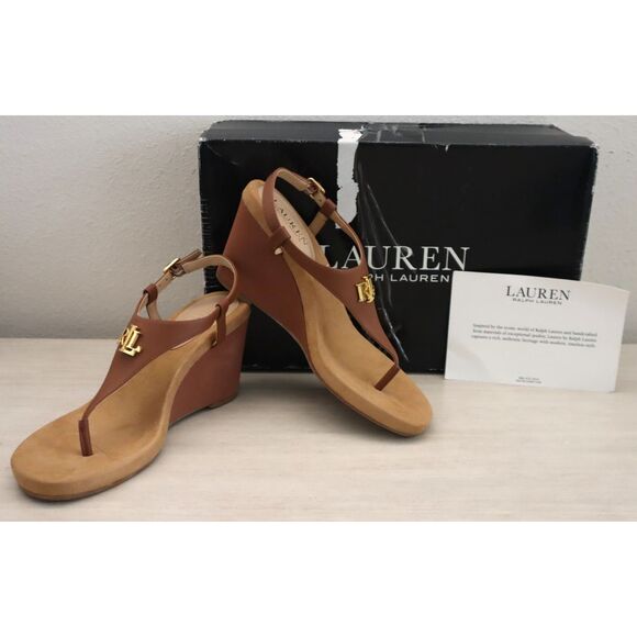 Lauren Ralph Lauren Women's Sz 8B Polo Tan/Brown Jeannie Wedge Sandals - Picture 1 of 13